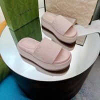 Gucci Unisex Jumbo GG Platform Slide Sandal Beige Light Pink Canvas Low 3 Cm Heel (7)