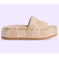 Gucci Unisex Jumbo GG Platform Slide Sandal Beige Light Pink Canvas Low 3 Cm Heel