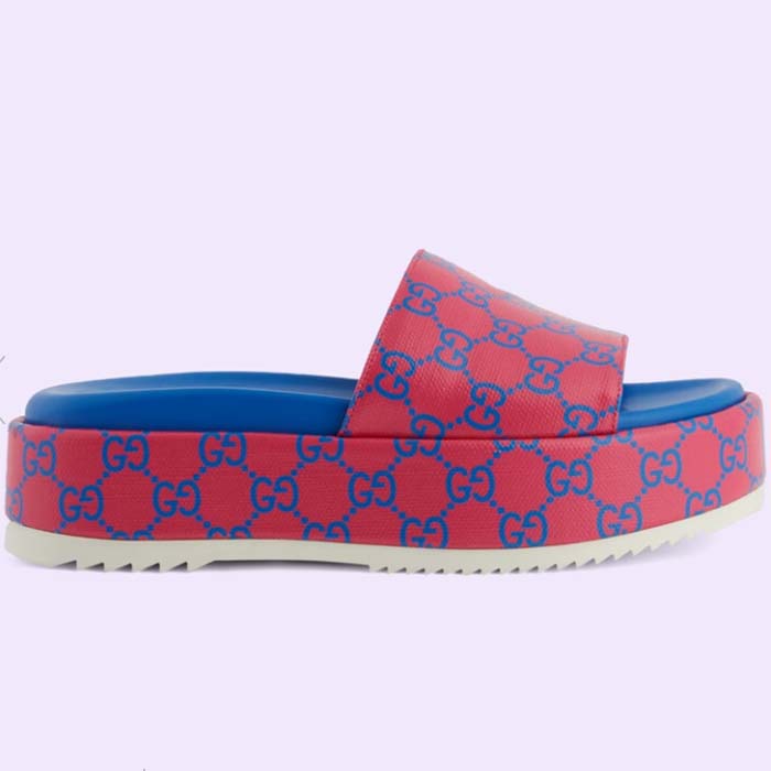 Gucci Unisex Jumbo GG Platform Slide Sandal Fuchsia Blue Supreme Low 3 Cm Heel