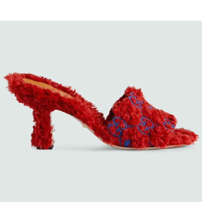 Gucci Women Adidas x Gucci Slide Sandal Red GG Trefoil Shearling-Effect Fabric