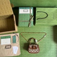 Gucci Women Bamboo 1947 Mini Top Handle Bag Beige Ebony Canvas GG Crystal (11)