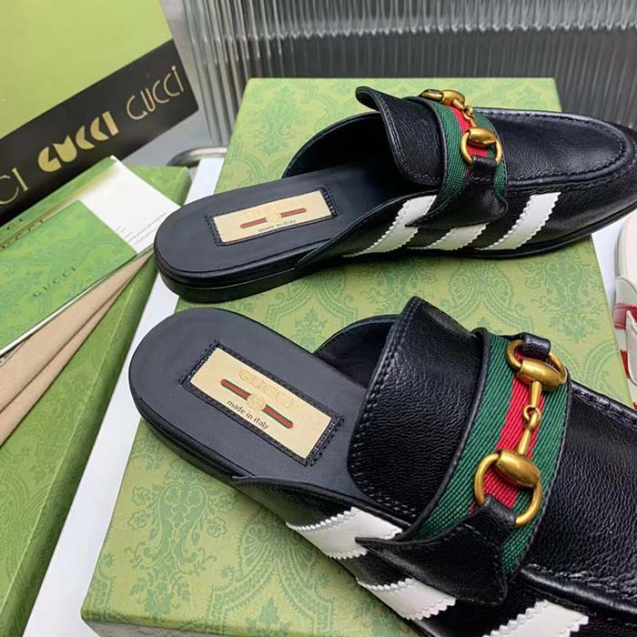 Gucci Women GG Adidas x Gucci Slipper Horsebit Black Leather Flat