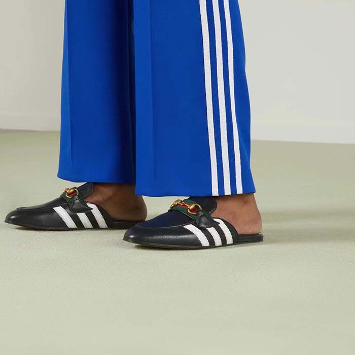 Gucci Women GG Adidas x Gucci Slipper Horsebit Black Leather Flat