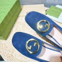 Gucci Women GG Blonde Ballet Flat Deep Blue Suede Round Interlocking G Leather Flat (11)