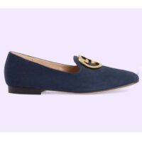 Gucci Women GG Blonde Ballet Flat Deep Blue Suede Round Interlocking G Leather Flat (11)