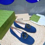 Gucci Women GG Blonde Ballet Flat Deep Blue Suede Round Interlocking G Leather Flat – Image 2