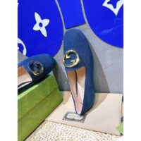 Gucci Women GG Blonde Ballet Flat Deep Blue Suede Round Interlocking G Leather Flat (11)