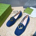 Gucci Women GG Blonde Ballet Flat Deep Blue Suede Round Interlocking G Leather Flat – Image 4