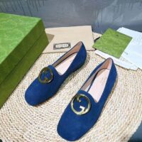 Gucci Women GG Blonde Ballet Flat Deep Blue Suede Round Interlocking G Leather Flat (11)