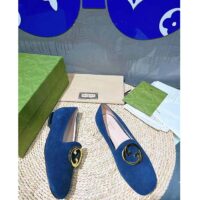 Gucci Women GG Blonde Ballet Flat Deep Blue Suede Round Interlocking G Leather Flat (11)