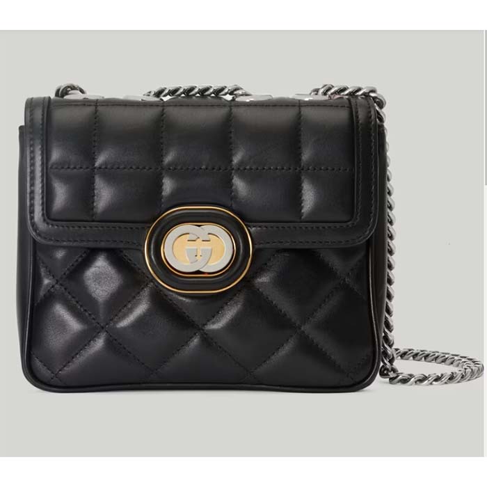 Gucci Women GG Deco Mini Shoulder Bag Black Quilted Leather Interlocking G