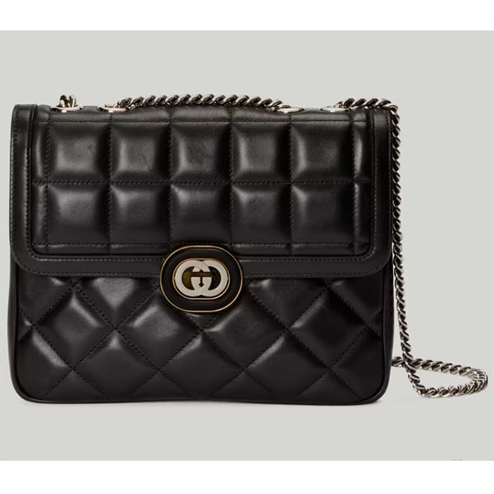 Gucci Women GG Deco Small Shoulder Bag Black Quilted Leather