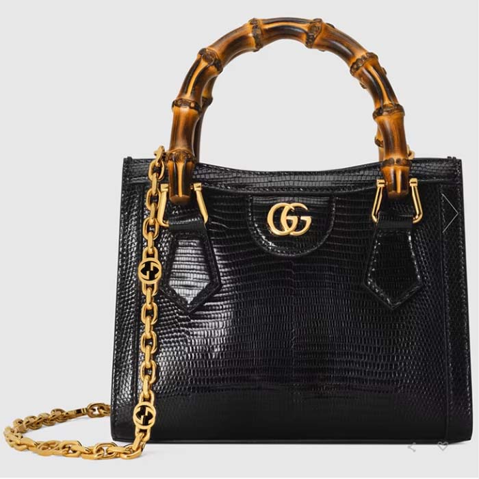 Gucci Women GG Diana Lizard Mini Bag Black Lizard Double G