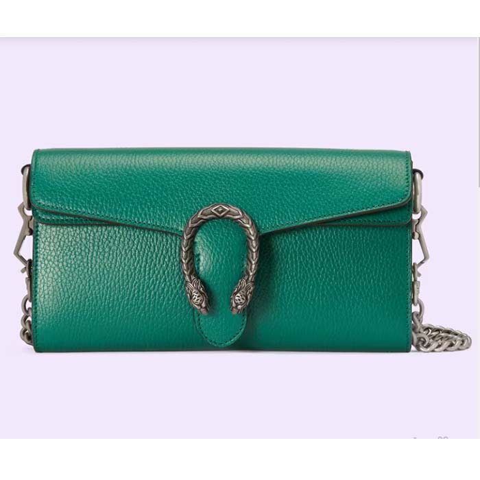 Gucci Women GG Dionysus Small Shoulder Bag Green Leather Antique Silver-Toned Hardware Crystals