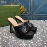 Gucci Women GG Heeled Slide Sandals Black Leather Studs Spool High 15 Cm Heel - Imagen 3