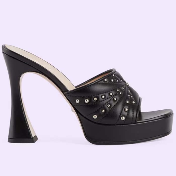 Gucci Women GG Heeled Slide Sandals Black Leather Studs Spool High 15 Cm Heel