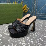 Gucci Women GG Heeled Slide Sandals Black Leather Studs Spool High 15 Cm Heel - Imagen 7
