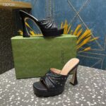 Gucci Women GG Heeled Slide Sandals Black Leather Studs Spool High 15 Cm Heel - Imagen 8