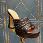 Gucci Women GG Heeled Slide Sandals Black Leather Studs Spool High 15 Cm Heel - Imagen 2