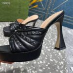 Gucci Women GG Heeled Slide Sandals Black Leather Studs Spool High 15 Cm Heel - Imagen 10