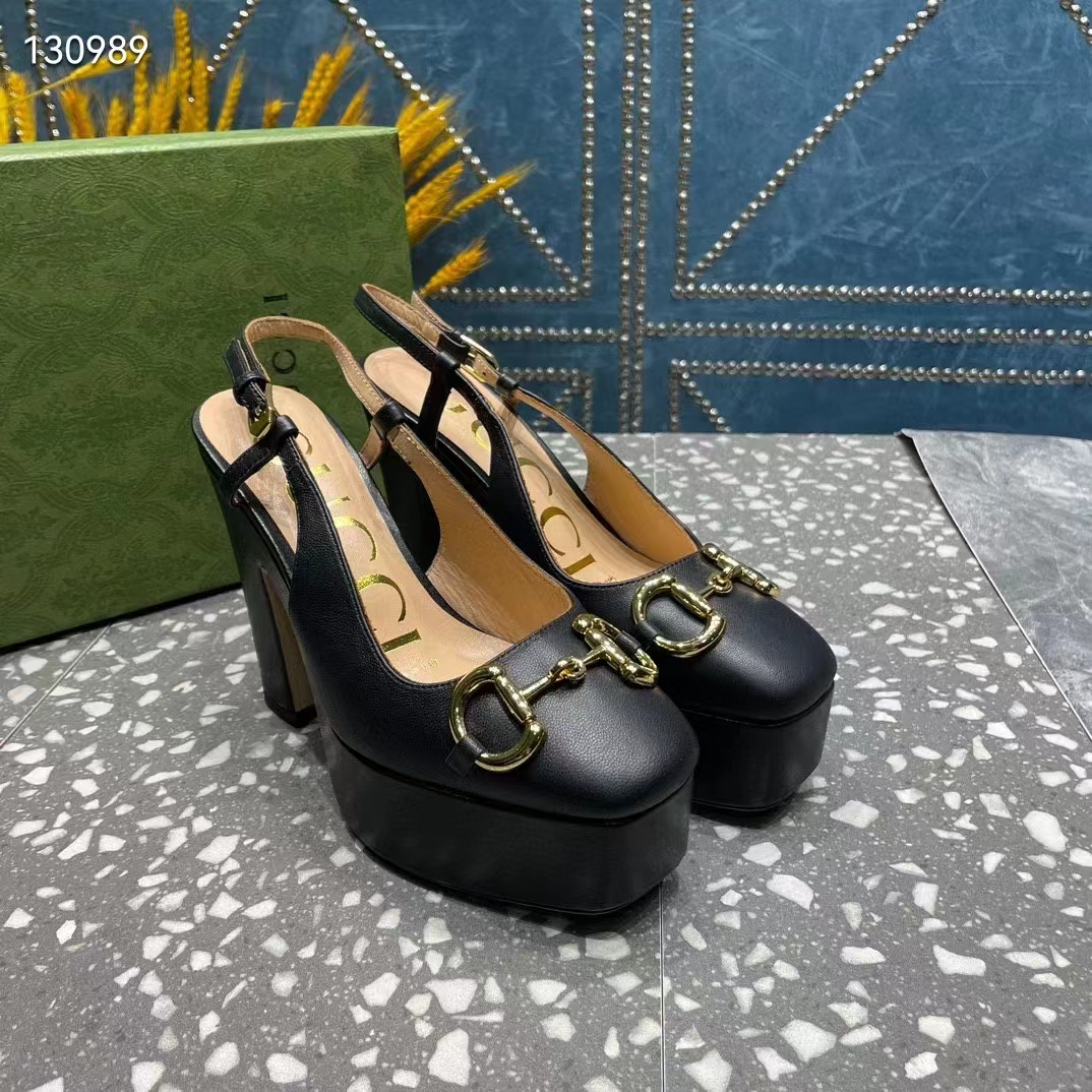 Gucci Women GG High Heel Pump Horsebit Black Leather Sole 12 Cm Heel