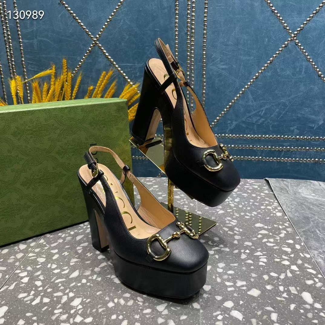 Gucci Women GG High Heel Pump Horsebit Black Leather Sole 12 Cm Heel