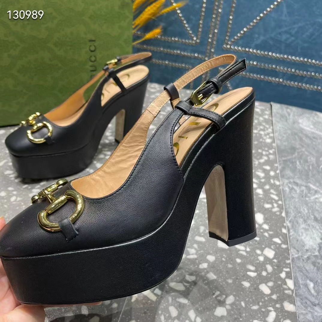 Gucci Women GG High Heel Pump Horsebit Black Leather Sole 12 Cm Heel