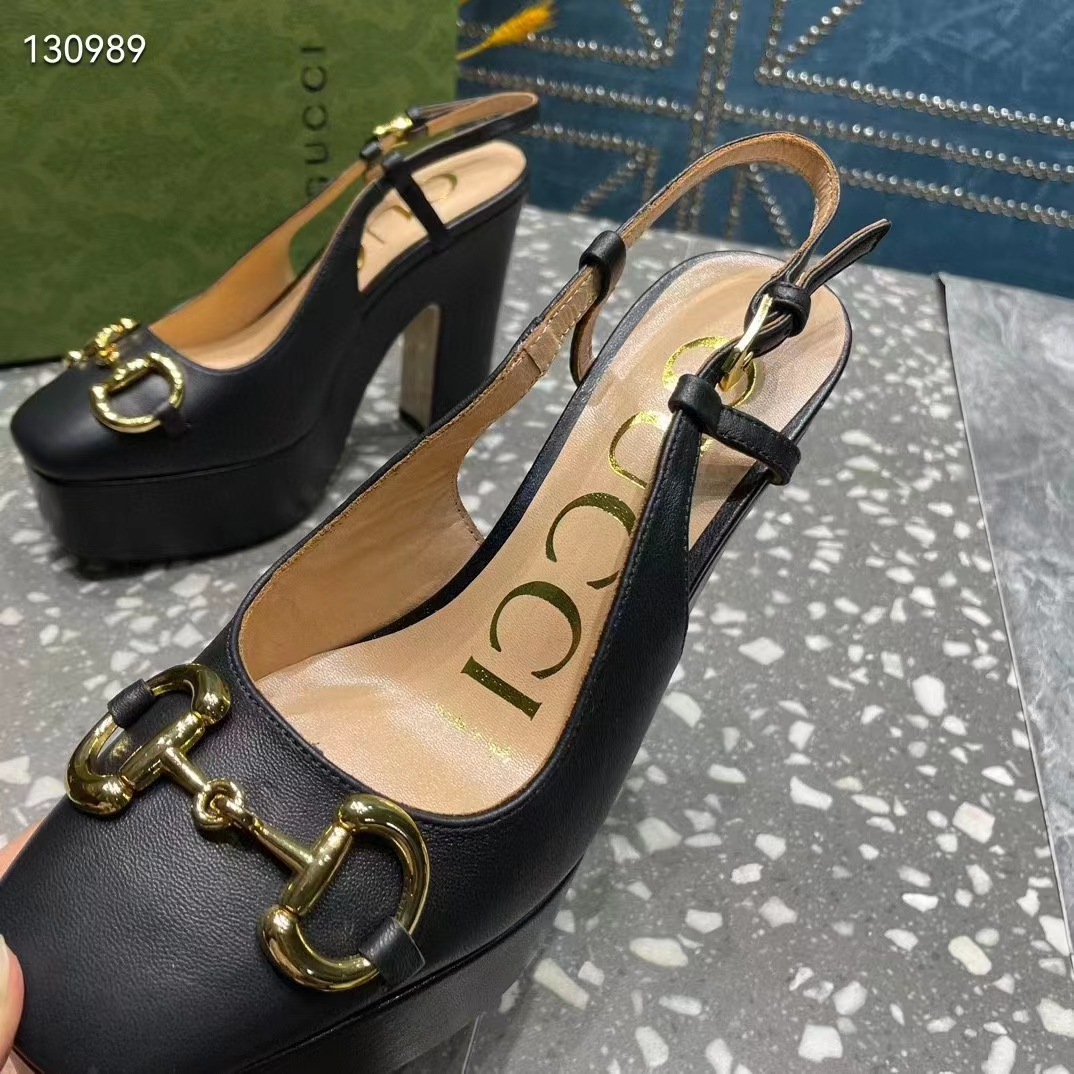 Gucci Women GG High Heel Pump Horsebit Black Leather Sole 12 Cm Heel