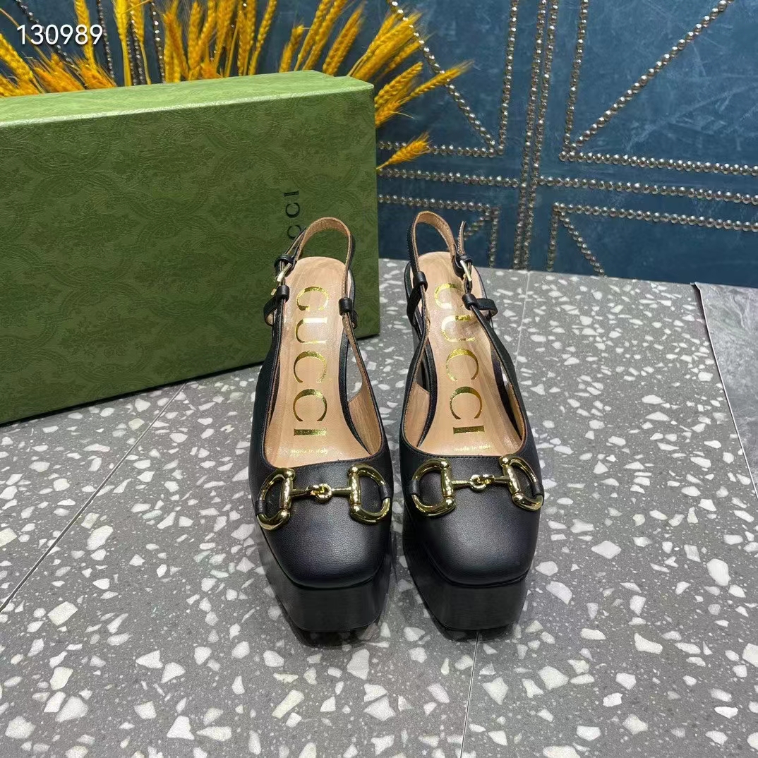 Gucci Women GG High Heel Pump Horsebit Black Leather Sole 12 Cm Heel