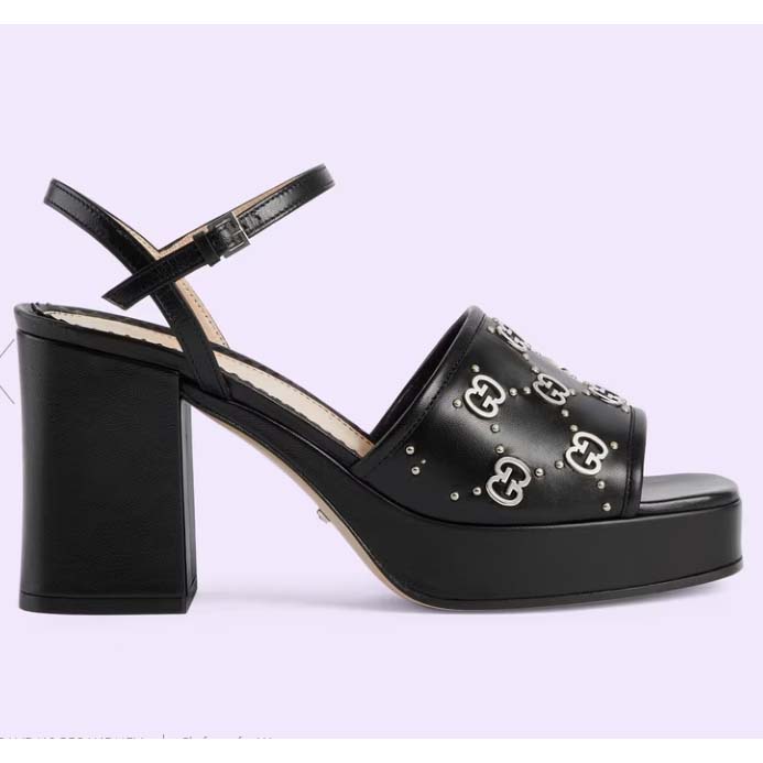 Gucci Women GG Interlocking G Studs Sandal Black Leather Mid 8 Cm Heel