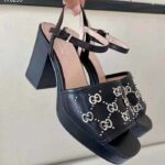 Gucci Women GG Interlocking G Studs Sandal Black Leather Mid 8 Cm Heel - immagine 6