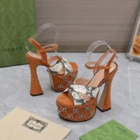 Gucci Women GG Interlocking G Studs Sandal Python Print Leather Camel Suede 15 Cm Heel (1)
