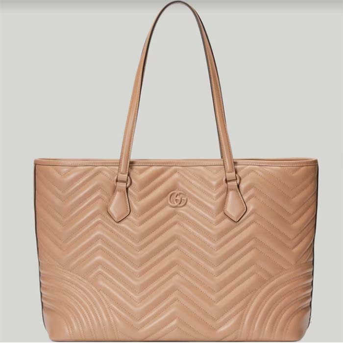 Gucci Women GG Marmont Large Tote Bag Rose Beige Matelassé Chevron Leather