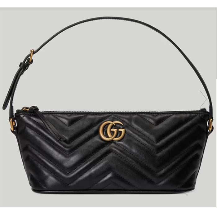 Gucci Women GG Marmont Shoulder Bag Black Matelassé Chevron Leather Double G