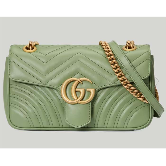 Gucci Women GG Marmont Small Shoulder Bag Sage Green Matelassé Chevron Heart
