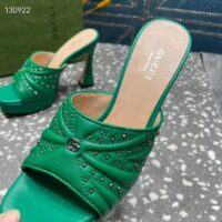 Gucci Women Heeled Slide Sandals Green Leather Studs Spool High 15 Cm Heel (1)