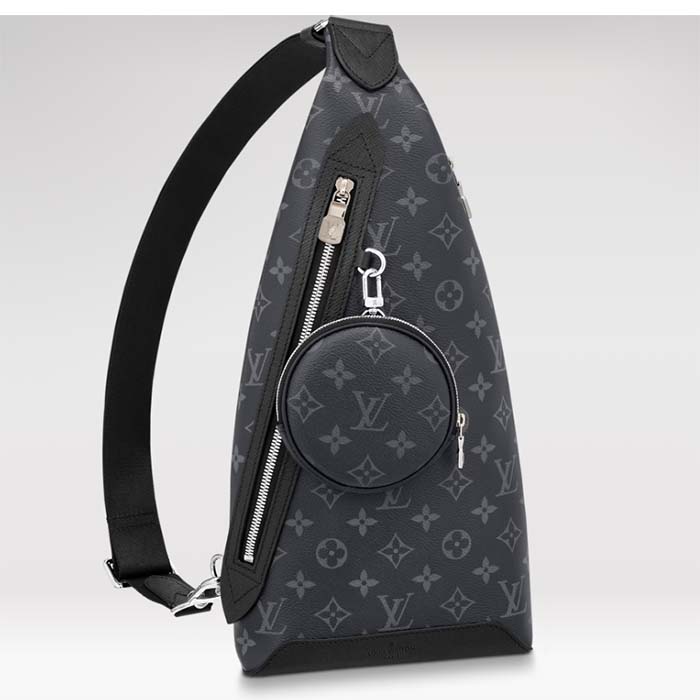 Louis Vuitton LV Unisex Duo Sling Bag Black Monogram Coated Canvas Taiga Cowhide Leather
