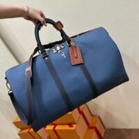 Louis Vuitton LV Unisex Keepall Bandoulière 50 Travel Bag Denim Blue Cowhide Leather (12)