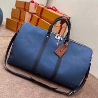 Louis Vuitton LV Unisex Keepall Bandoulière 50 Travel Bag Denim Blue Cowhide Leather (12)