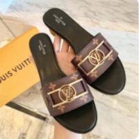 Louis Vuitton LV Unisex Lock It Flat Mule Brown Patent Monogram Canvas Leather (14)