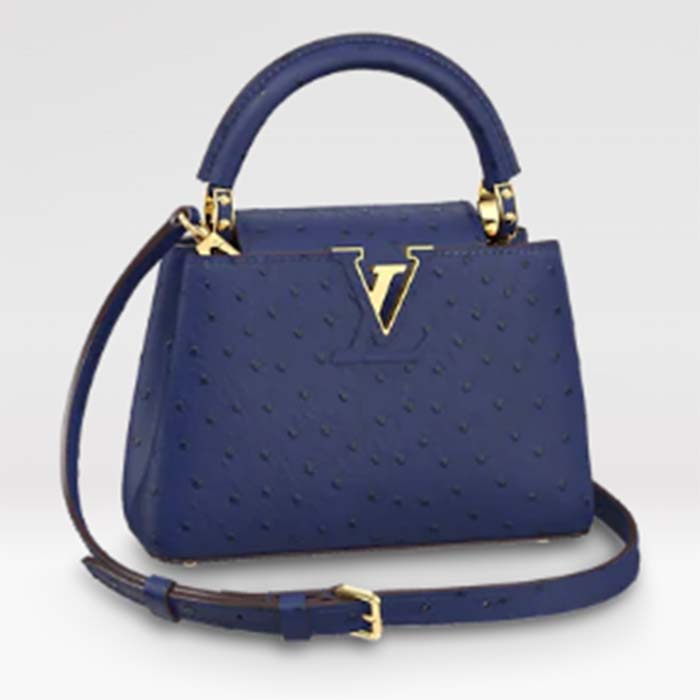 Louis Vuitton LV Women Capucines Mini Menthe Blue Goatskin Ostrich Leather Monogram Flower