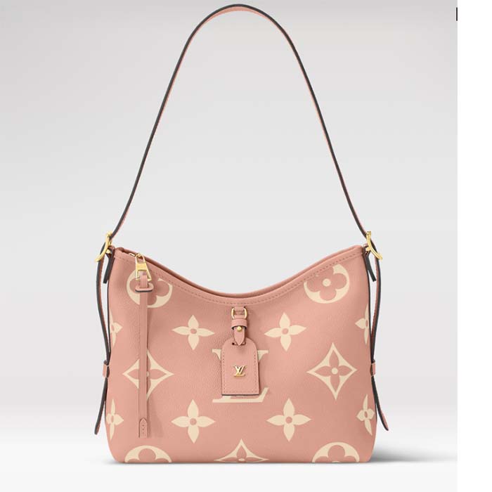 Louis Vuitton LV Women CarryAll PM Bag Pink Beige Embossed Supple Grained Cowhide Leather