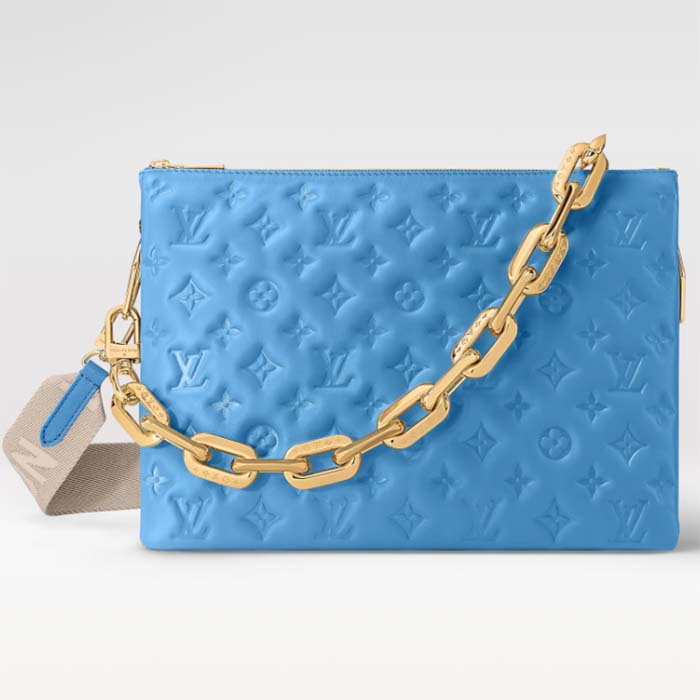 Louis Vuitton LV Women Coussin MM Handbag Blue Lambskin Zip Closure