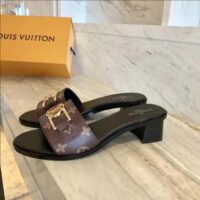 Louis Vuitton LV Women Lock It Flat Mule Brown Patent Monogram Canvas Leather Outsole (2)