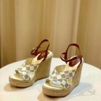 Louis Vuitton LV Women Starboard Wedge Sandal Natural Damier Azur Canvas Calf Leather (6)