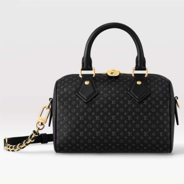 Louis Vuitton Women LV Speedy Bandouliere 20 Handbag Black Calfskin Double Zip