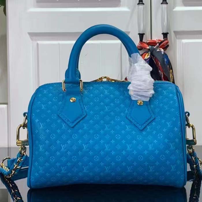 Louis Vuitton Women LV Speedy Bandouliere 20 Handbag Blue Calfskin Double Zip (2)