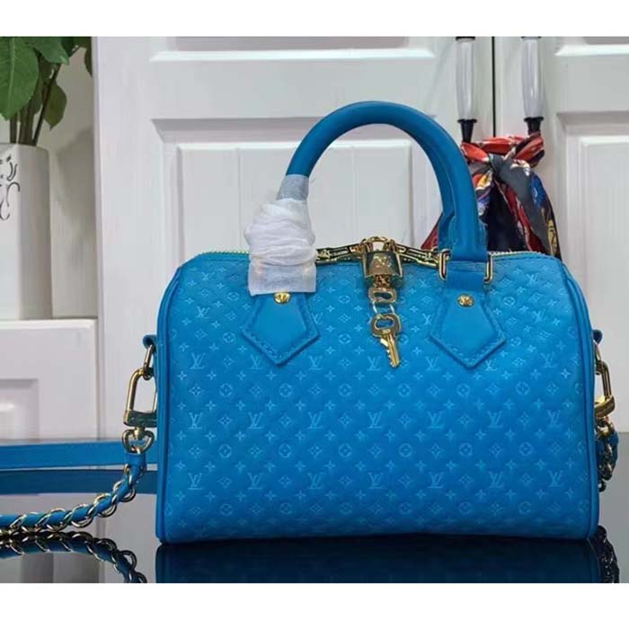 Louis Vuitton Women LV Speedy Bandouliere 20 Handbag Blue Calfskin Double Zip (3)