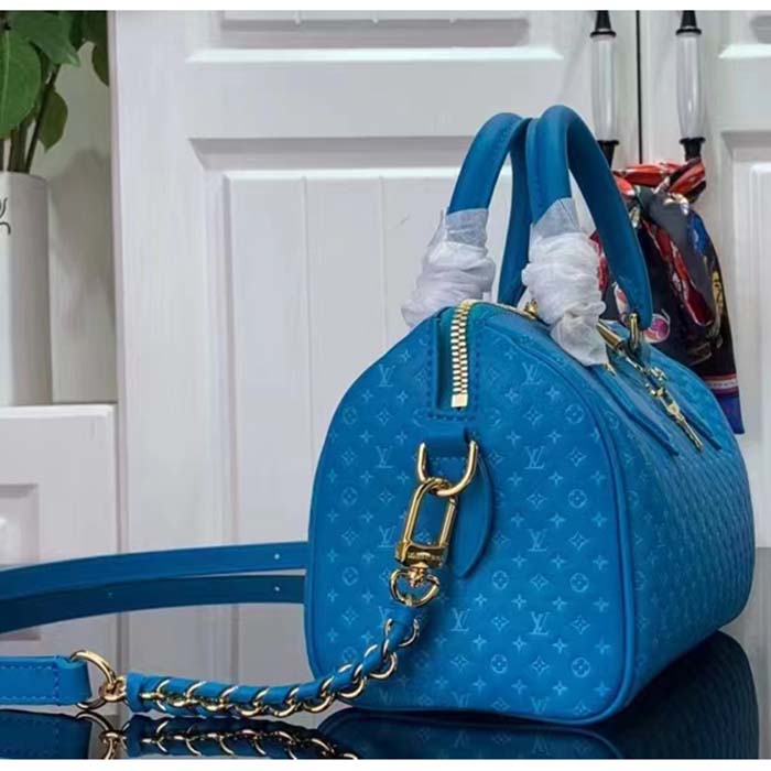 Louis Vuitton Women LV Speedy Bandouliere 20 Handbag Blue Calfskin Double Zip (4)