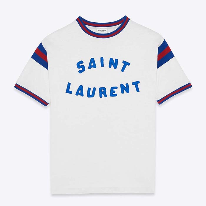Saint Laurent YSL Women Fit Round-Neck White T-Shirt Blue Red Brand Logo